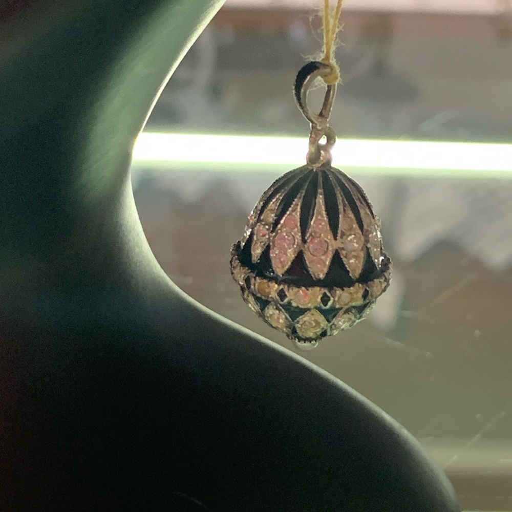 Vintage Black Enamel and White Crystal Egg Shaped Sterling Pendant